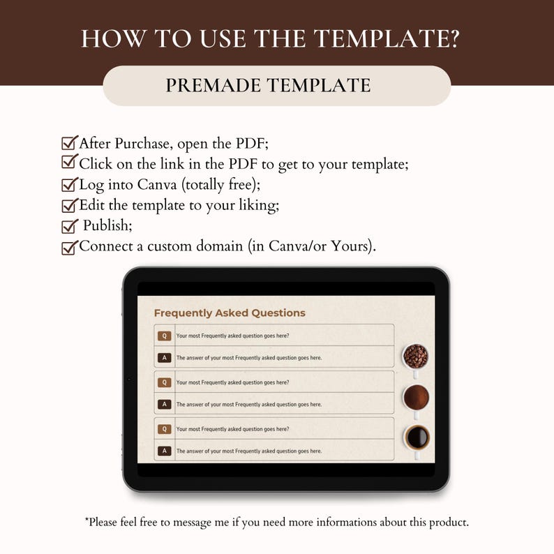 May include: A digital mockup of a laptop screen displaying a frequently asked questions template. The template is designed for a coffee shop or cafe and features a brown and white color scheme with coffee cup icons.