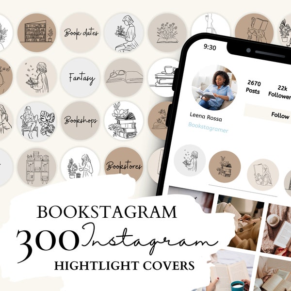 Books Instagram Highlight Covers | 60 Books Line Art Illustrations on 5 Neutral Backgrounds for Instagram Stories