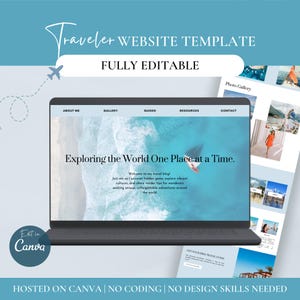 Puede incluir: Una pantalla de computadora portátil que muestra una plantilla de sitio web para un blog de viajes. El sitio web tiene un esquema de color azul y blanco y presenta una foto de una playa tropical con un velero. El texto en la pantalla dice "Explorar el mundo un lugar a la vez". La plantilla del sitio web es totalmente editable y está alojada en Canva.