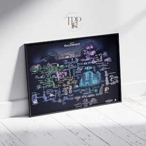 May include: A detailed map of the fictional kingdom of Hallownest from the video game Hollow Knight. The map is printed on a dark blue background and features various locations, including the Crystal Peak, the Queen's Gardens, and the City of Tears.