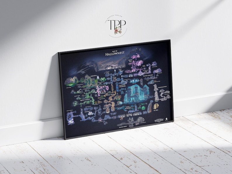 May include: A detailed map of the fictional kingdom of Hallownest from the video game Hollow Knight. The map is printed on a dark blue background and features various locations, including the Crystal Peak, the Queen's Gardens, and the City of Tears.
