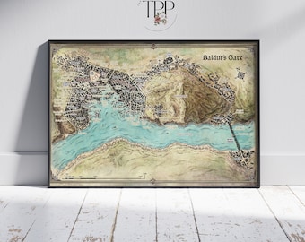 Vintage Baldur’s Gate City Map Poster, Fantasy RPG Wall Art, Antique Cartography Decor, Dungeons and Dragons Inspired Print, Gamer Gift