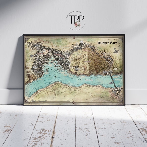 Vintage Baldur’s Gate City Map Poster, Fantasy RPG Wall Art, Antique Cartography Decor, Dungeons and Dragons Inspired Print, Gamer Gift