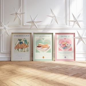 May include: Three illustrated posters with a white background and a heart-shaped design. The posters feature a croissant, churros, and a donut. Each poster includes the name of the pastry, the country of origin, and a brief description.