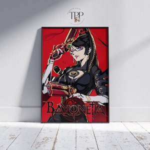 Pu&ograve; includere: Un'illustrazione digitale di una donna con lunghi capelli neri, vestita di nero e che tiene due pistole. Lo sfondo &egrave; rosso e il testo "BAYONETTA" &egrave; in lettere dorate.