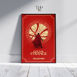 May include: A red poster with a black frame featuring a silhouette of Doctor Strange standing in front of a large, circular, gold-coloured symbol. The text "Doctor Strange Collection" is printed in gold at the bottom of the poster.
