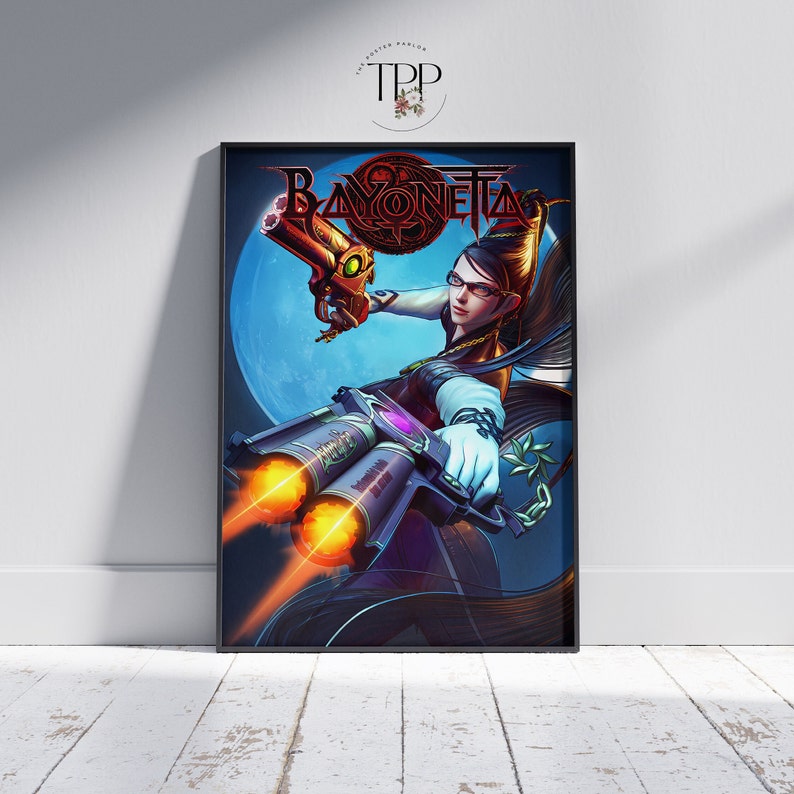 Pu&ograve; includere: Un poster con un personaggio di videogioco di nome Bayonetta. Tiene due pistole, una in ogni mano, e indossa un abito bianco e nero. Lo sfondo &egrave; un cielo blu e viola con una grande luna.