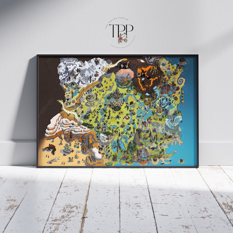 May include: A colorful hand-drawn map of a fantasy world with various locations, including a volcano, a forest, a mountain range, and a lake. The map is framed in black and has the text "The Posted Parlor TPP" in a circle at the top.
