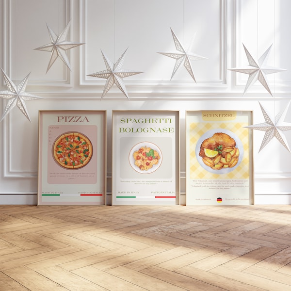 Authentisches Küchen-Poster-Set – Pizza, Schnitzel, Spaghetti Bolognese – Küchen-Wandkunst – Aromen aus Italien und Deutschland