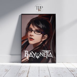 Pu&ograve; includere: Una stampa d'arte digitale con un ritratto di Bayonetta, un personaggio di videogioco. Ha i capelli lunghi e neri, rossetto rosso e indossa gli occhiali. Lo sfondo &egrave; di colore rosso scuro e nero. Il testo "BAYONETTA" &egrave; scritto in un font stilizzato sotto il suo ritratto.