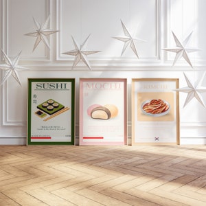 Traditionelle asiatische Küche Kunst Poster - Sushi, Mochi, Kimchi Drucke, Küchenwandkunst, Kulinarisches Geschenk