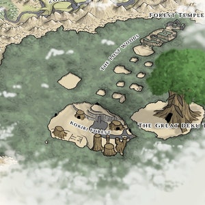 May include: A hand-drawn map of a forest with a large green tree labeled "The Great Deku Tree" in the center. The forest is surrounded by mountains and clouds. The text "The Lost Woods" and "Kokiri Forest" are also visible on the map.