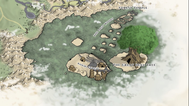 May include: A hand-drawn map of a forest with a large green tree labeled "The Great Deku Tree" in the center. The forest is surrounded by mountains and clouds. The text "The Lost Woods" and "Kokiri Forest" are also visible on the map.