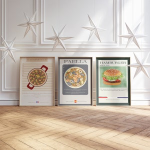 World Cuisine Illustrated Print: Ratatouille, Hamburger, Paella