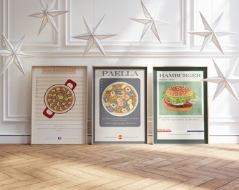 World Cuisine Illustrated Print: Ratatouille, Hamburger, Paella