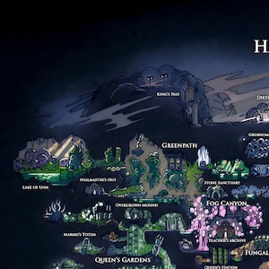 May include: A map of the video game Hollow Knight, showing the different areas of the game, including Greenpath, Queen's Gardens, and Fog Canyon. The map is drawn in a cartoon style with a dark background and bright colors.