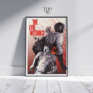 May include: A poster for the video game "The Evil Within 2". The poster features a red, white, and black color scheme with a stylized image of a man holding a gun. The text "The Evil Within 2" is printed in white letters on a black background.