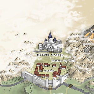 May include: A hand-drawn map of Hyrule, a fictional kingdom from the Legend of Zelda video game series. The map features Hyrule Castle, Death Mountain, Kakariko Village, and the Temple of Time.
