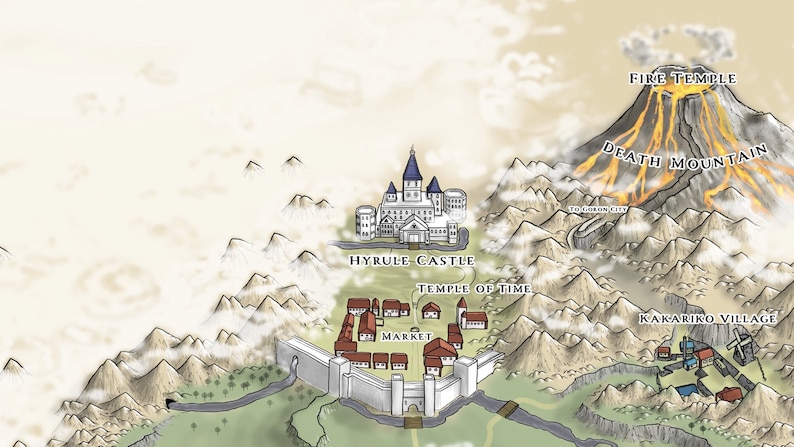 May include: A hand-drawn map of Hyrule, a fictional kingdom from the Legend of Zelda video game series. The map features Hyrule Castle, Death Mountain, Kakariko Village, and the Temple of Time.