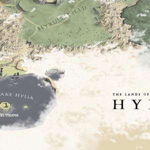 May include: A map of the fictional land of Hyrule, featuring Lake Hylia, a large body of water with several islands. The map is drawn in a stylized, hand-drawn style with a light brown background and green and blue accents.