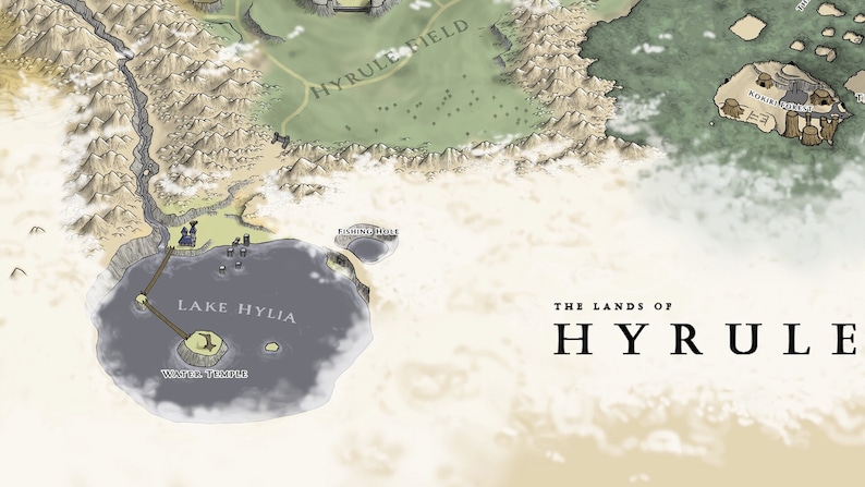 May include: A map of the fictional land of Hyrule, featuring Lake Hylia, a large body of water with several islands. The map is drawn in a stylized, hand-drawn style with a light brown background and green and blue accents.