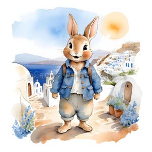 Ilustraciones de acuarela de Peter Rabbit al estilo Beatrix Potter para vacaciones en Santorini. 28 archivos JPG de alta calidad, imprimibles y sin marco. Descarga digital.