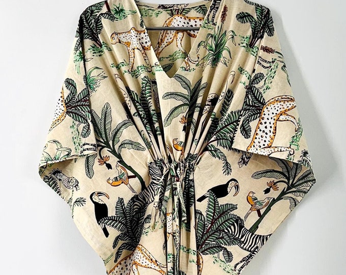Indian Handmade Cotton Jungle Printed Beach Summer Swim Wear Dress Long Kaftan Tunic Night Wear Gown Dress Long Kaftan
