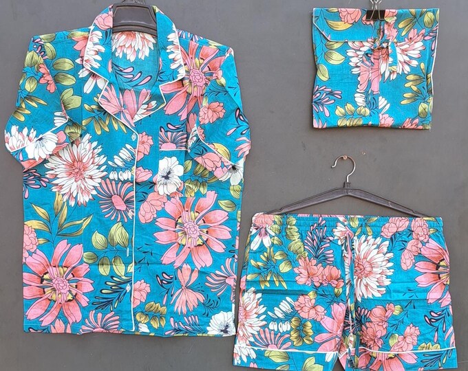 Blue color short sleeve Pj set| floral block print Pj | women's wear suit | Womens Night wear suit | beach wear short Pj set | Gift for her