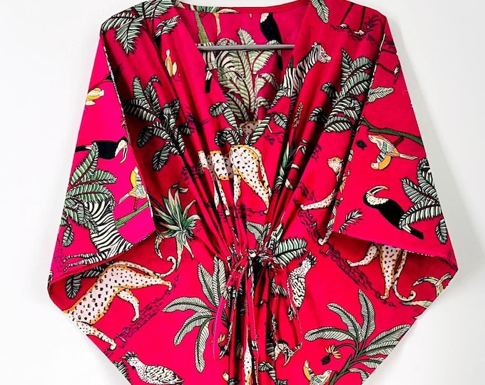 Indian Handmade Cotton Jungle Printed Beach Summer Swim Wear Dress Long Kaftan Tunic Night Wear Gown Dress Long Kaftan