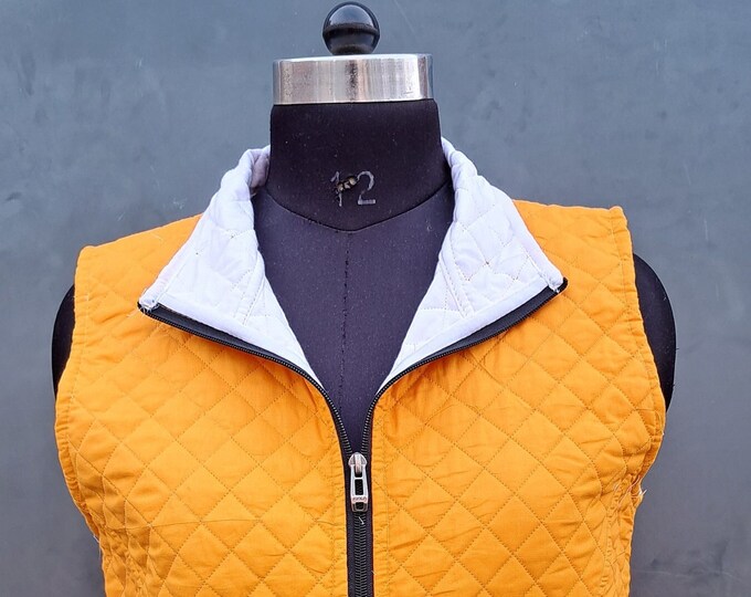 Cotton Quilted Jacket, Handmade Vest Without Sleeves Yellow Color Quilted Kimono Gift For Her Women Wear, plen quilted jacket with zipper