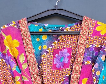 Traditional Indian Patchwork Silk Kimono Robe for women, indian sari silk kimono Woman silk kimono Vintage kimono,Silk dressing gown