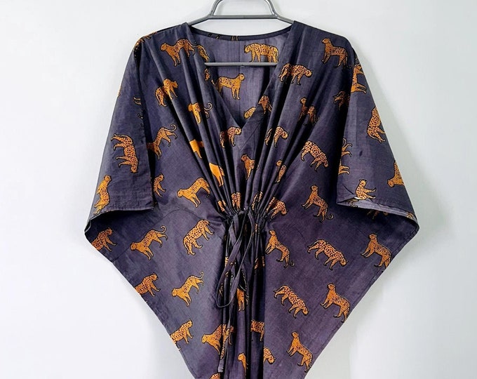 Tiger Print !! Indian Handmade Kaftan Dress Long Top Caftan, Dress Beach Cover up, Tiger Hand Block Print Sleepwear Maxi Dress Cotton Kaftan