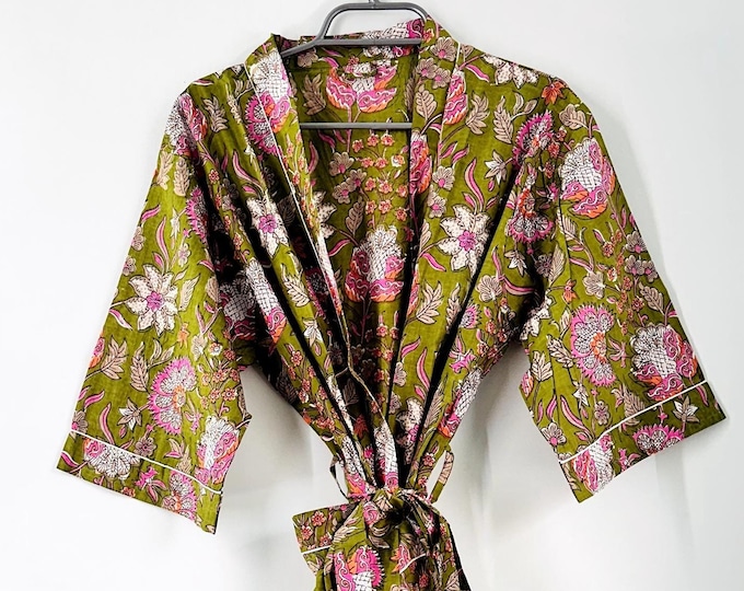 Cotton Kimono Robe Dressing Gown, Block Print Bridesmaid Robe, Summer Nightwear, One Size
