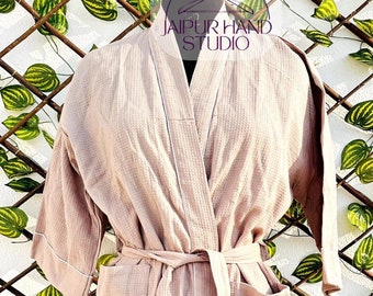 Luxurious Waffle Weave Bathrobe, Natural  Cotton Thick  Robe, Elegant Pockets Dressing Gown, Soft Unisex Evening Gown, Ideal Bridesmaid Gift