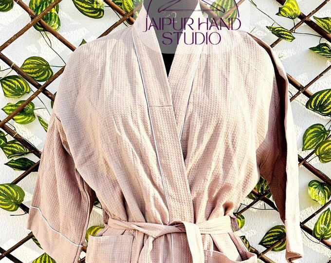 Luxurious Waffle Weave Bathrobe, Natural  Cotton Thick  Robe, Elegant Pockets Dressing Gown, Soft Unisex Evening Gown, Ideal Bridesmaid Gift