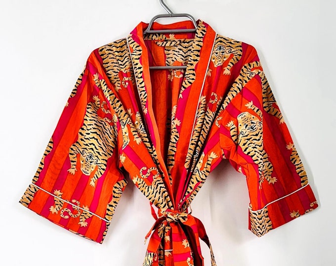 Tiger Hand Block Print Cotton Robes,Bath Robes,Kimono,Bridesmaid dressing gown,Beach CoverUp, Bridal Party Wear,BridesmaidGift,Gift for Her