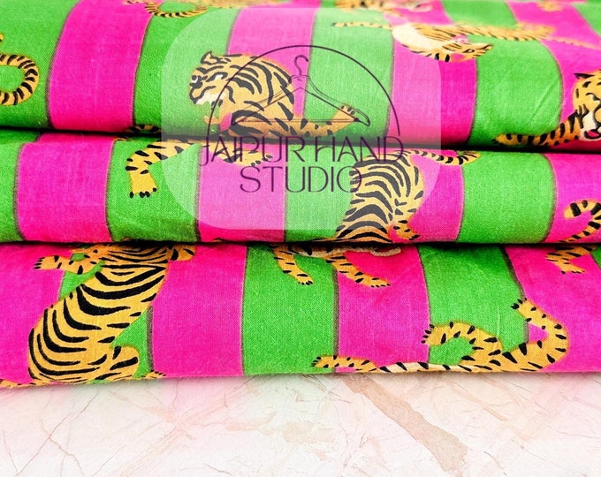 New Tiger Print Cotton Fabric, Indian Handmade Fabric, Printed Fabric, Sewing Fabric By The Yard, Dressmaking Fabric,Cute  Stripe With tiger