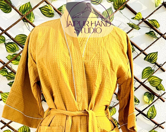 Luxurious Waffle Weave Bathrobe, Natural Cotton Thick Robe, Elegant Pockets Dressing Gown, Soft Unisex Evening Gown, Ideal Bridesmaid Gift