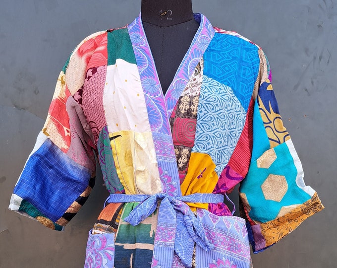Beautiful Dressing Gown, Silk Patchwork Kimono, Handmade Silk Kimono, Multi Patchwork Kimono, Women Silk Bathrobe, Night Robe, Gift For Her