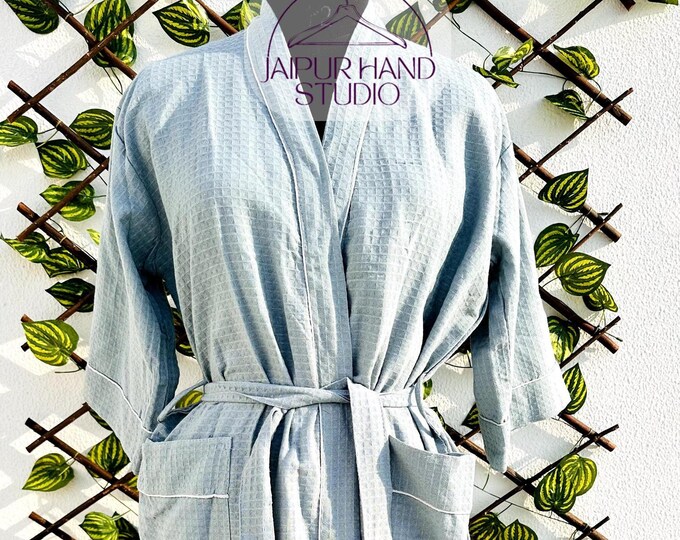 indian hand made ,Luxury Waffle Cotton Robe | Lightweight Cotton Waffle Robe | Bridal, Bridesmaid, Wedding Gift | Tropical Palm Oasis Design
