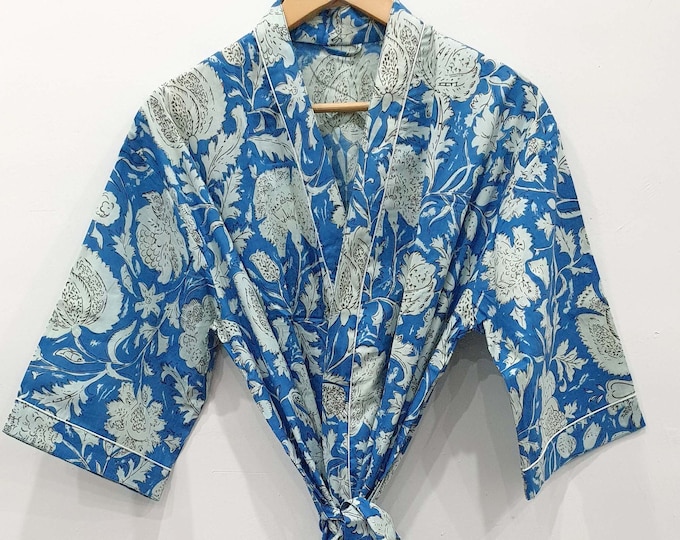 Indian Handmade Kimono Robe, Floral Block Print Long Dress, Women Sleepwear Comfort Dress, Women Long Top Bathrobe, Soft Cotton Print Dress