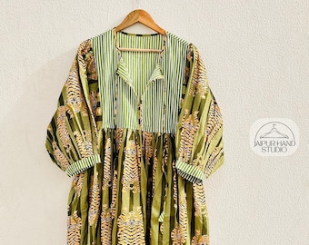 Tiger Print Dress, Hand block Cotton Dress, Indian Print Dress, Cotton Summer Dress, Block Print Dress, Long Dresses, Gift For Him