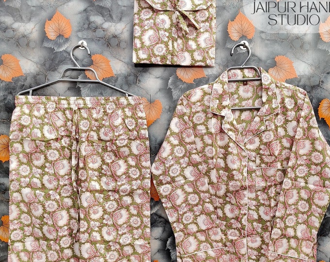 Indian Pajama Set, 100% Soft Cotton Women Night Dress, Handmade Pajama Set, Floral Printed Night Suit,Pants Shirt Set With Shorts Set