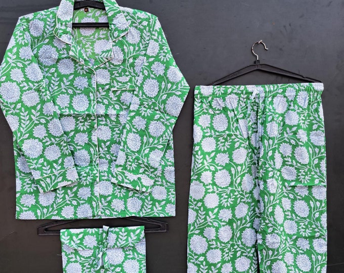 Long pajama · Pure cotton block print handmade and handprinted in India · Night shirt 100% cotton long sleeves pants· Boho bed · Coral lotus