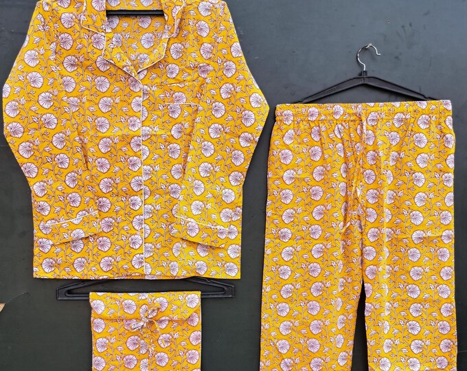 Summer cotton block printed long Pajama set Pj Set, Women comfortable Nightwear, sleepwear Pj set, Bridesmaid pj set,Bridal party Pajama set