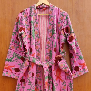 Suzani Work Kimono, Hand Embroidered Suzani Work Kimono, Hand Embroidered Robe, Cotton Kimono Jacket, Tie Belt Coat, Bath Robe Dressing Gown image 1