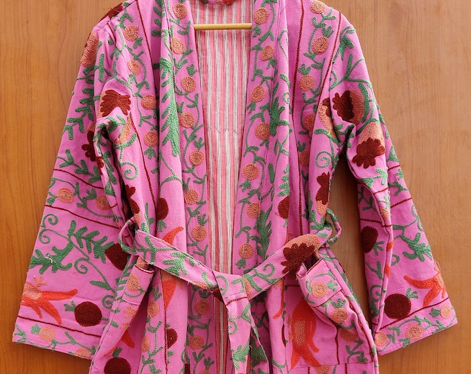 Suzani Work Kimono, Hand Embroidered Suzani Work Kimono, Hand Embroidered Robe, Cotton Kimono Jacket, Tie Belt Coat, Bath Robe Dressing Gown