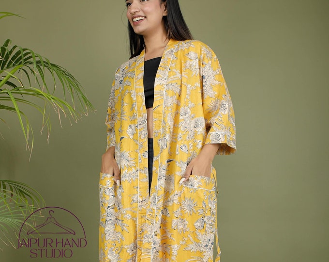 Yellow color cotton bath robes | Women resort wear robes | Wedding wear kimono robe | Handmade cotton robe | Bridesmaid robes | Gift for her