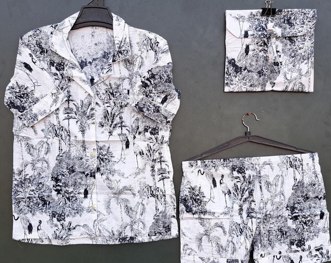 Black and white jungle bock print Pj set | women's sleepwear | luxury design shirt | beach wear | pajamas set | soft cotton night suit
