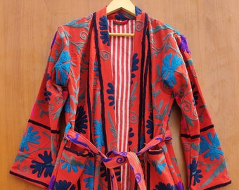 Indian Cotton New Suzani Embroidery Jacket, Winter Warmed Coat, Women's Coat, Cotton Long And Short Size Jacket Kimono